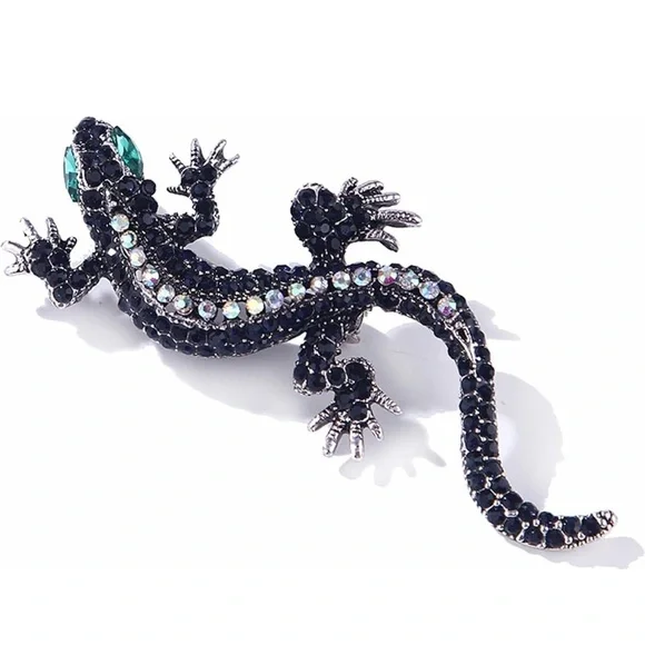 UNISEX Elegant Black and Silver Lizard Gecko Rhinestone Brooch - Picture 1 of 4